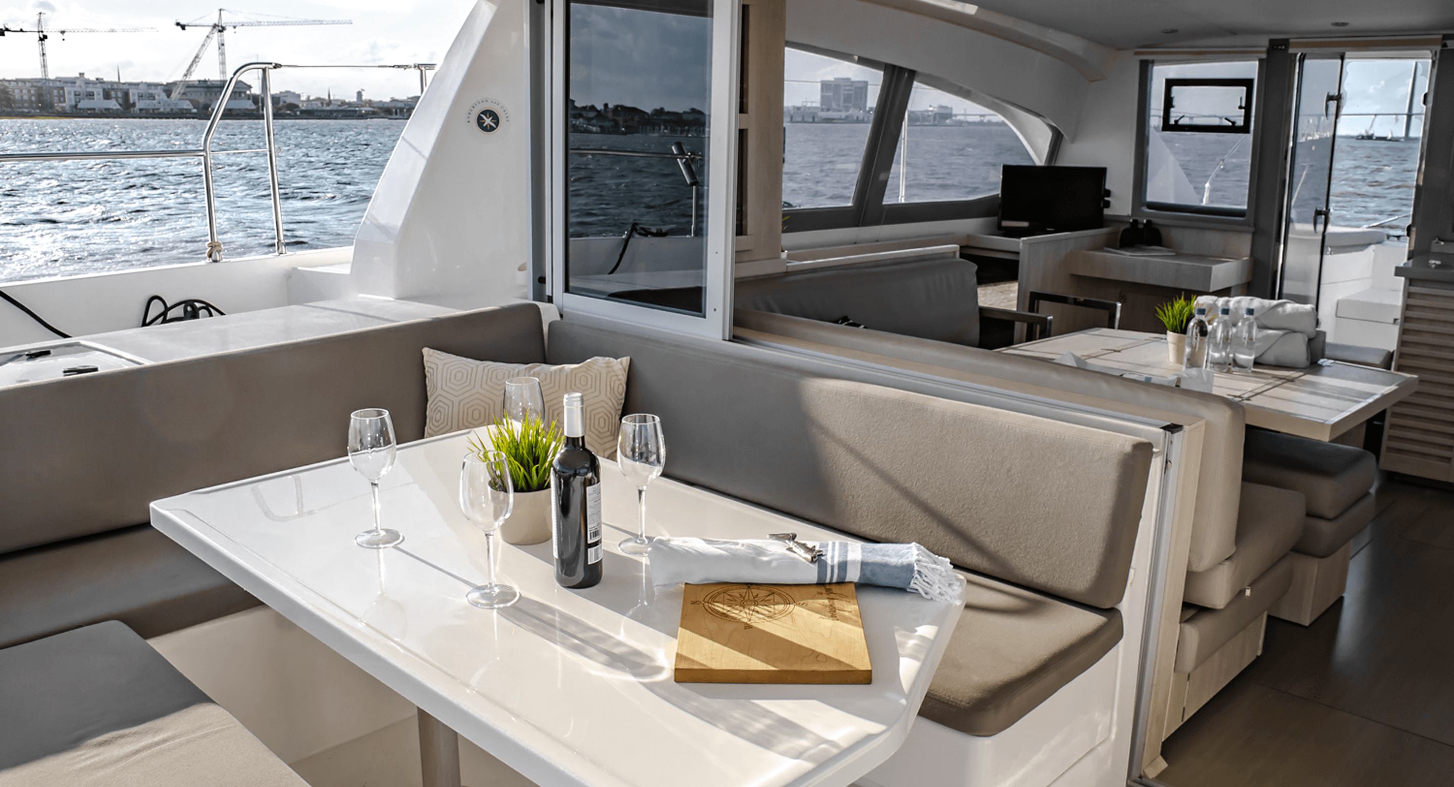 Comfortable dining setup aboard the Leopard 42 catamaran